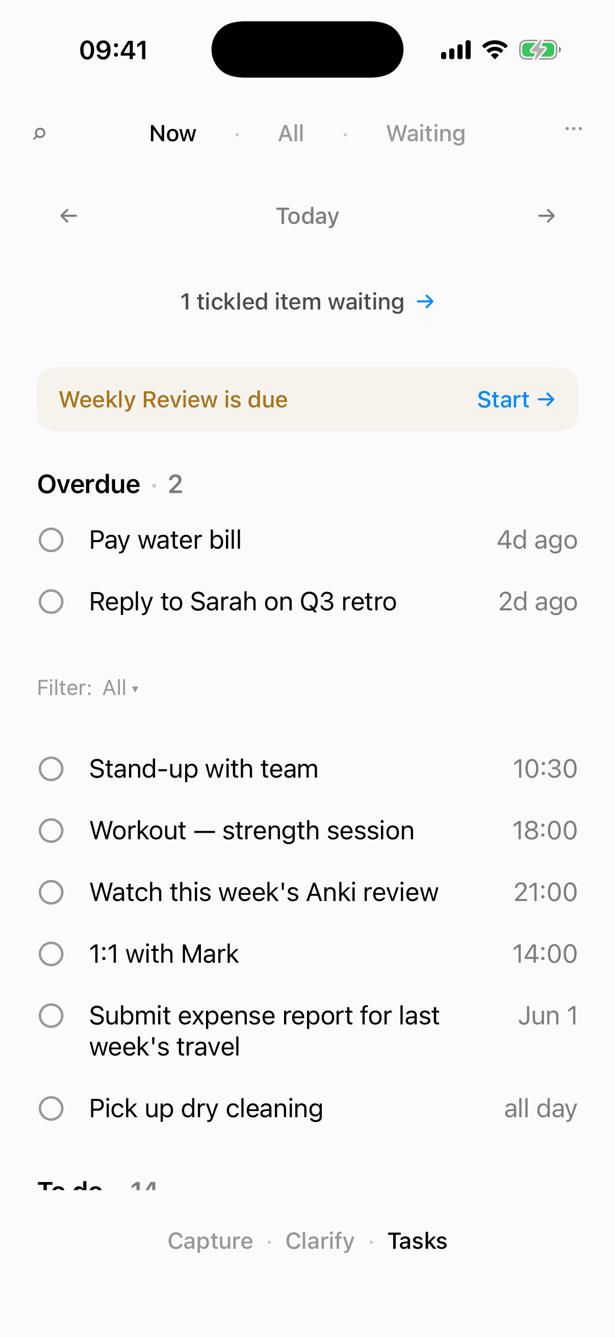 The Nordyme Now lens on iPhone, listing today's overdue and scheduled next actions with a 'Weekly Review is due' banner.