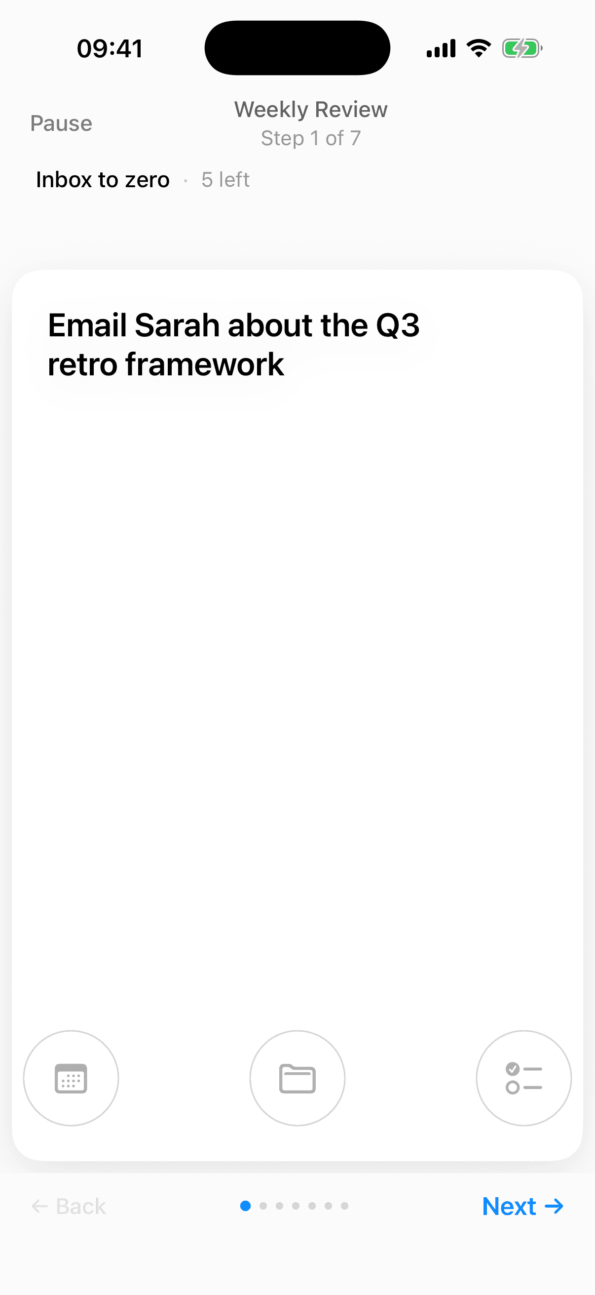 The Nordyme guided Weekly Review on iPhone, stepping through inbox-to-zero and project review.